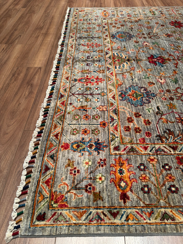 Sultani Floral Original Handwoven Grey Root Dye Wool Rug 184x275 cm (5.06 square meters - 6x8 ft) 