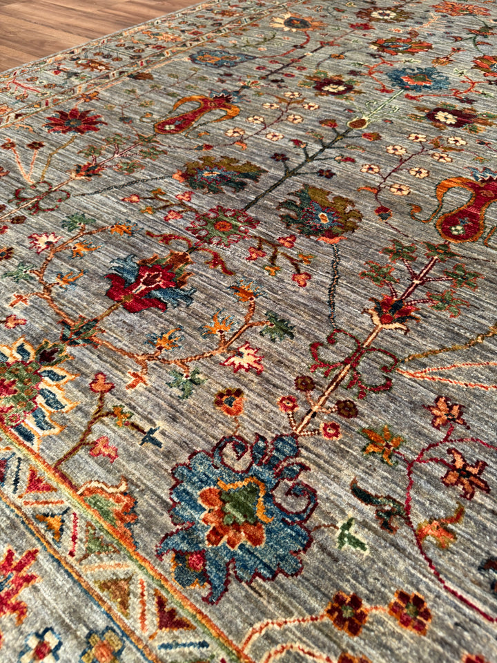 Sultani Floral Original Handwoven Grey Root Dye Wool Rug 184x275 cm (5.06 square meters - 6x8 ft) 