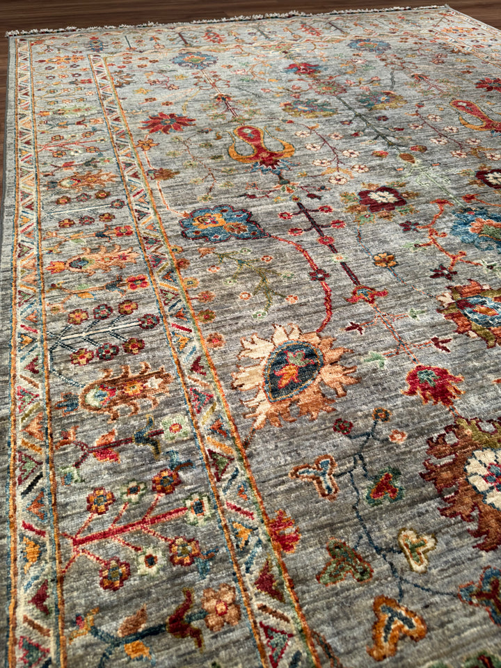 Sultani Floral Original Handwoven Grey Root Dye Wool Rug 184x275 cm (5.06 square meters - 6x8 ft) 