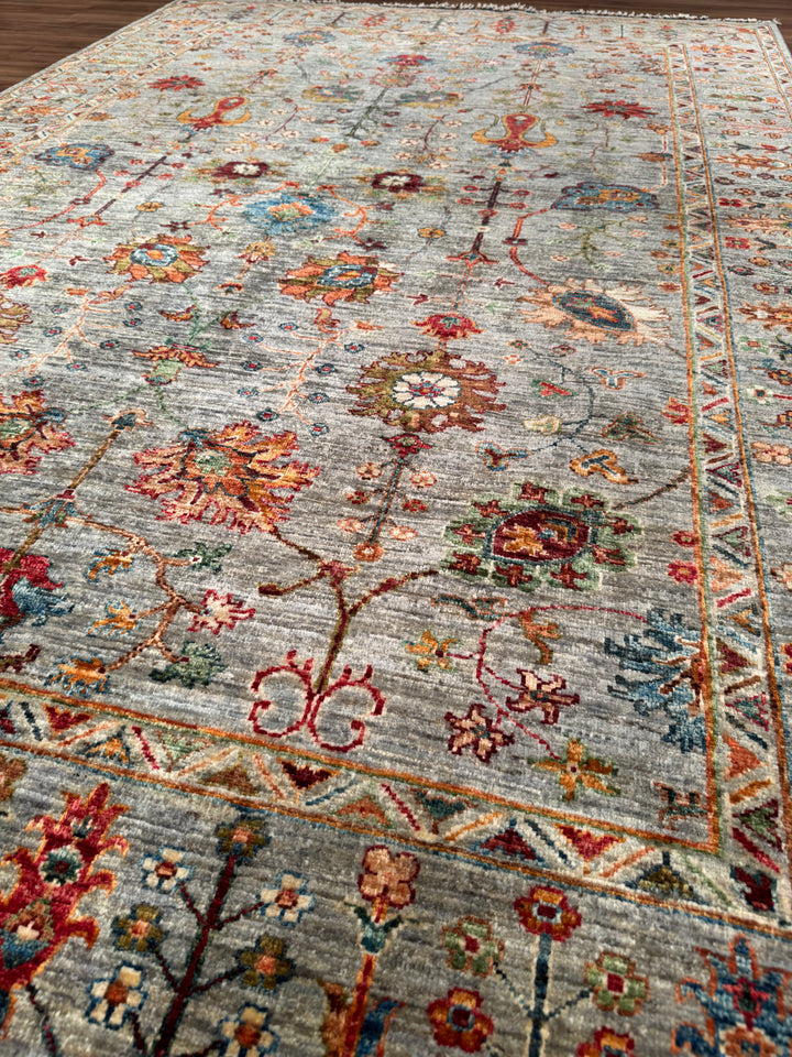 Sultani Floral Original Handwoven Grey Root Dye Wool Rug 184x275 cm (5.06 square meters - 6x8 ft) 