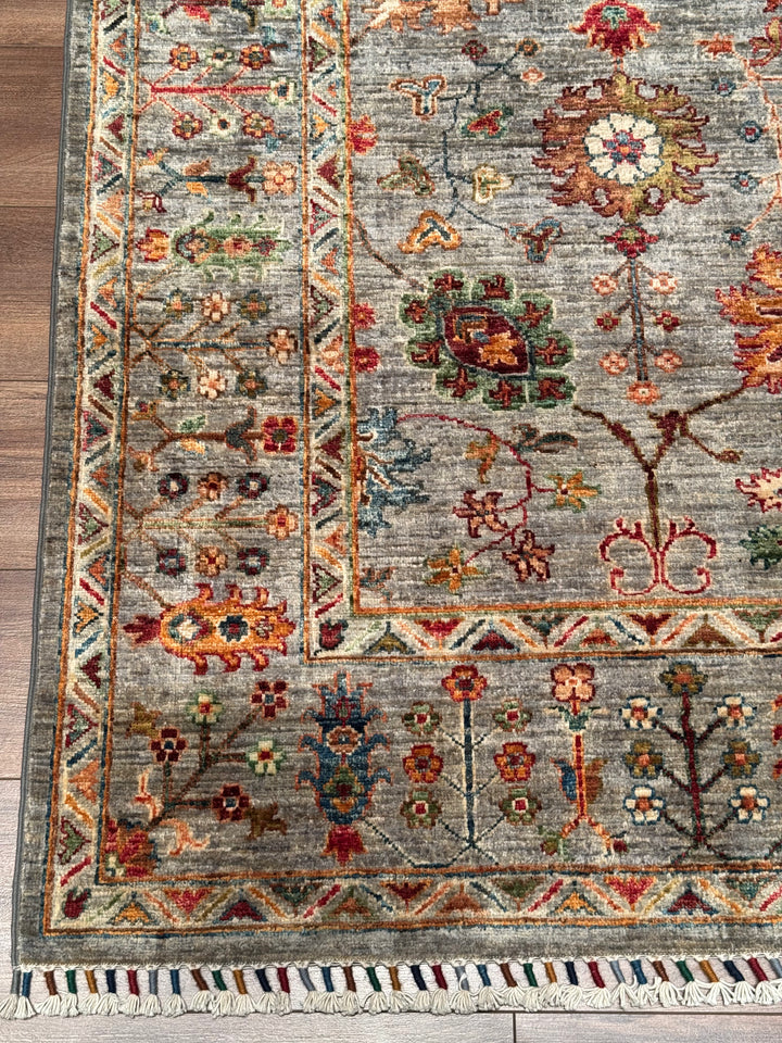 Sultani Floral Original Handwoven Grey Root Dye Wool Rug 184x275 cm (5.06 square meters - 6x8 ft) 