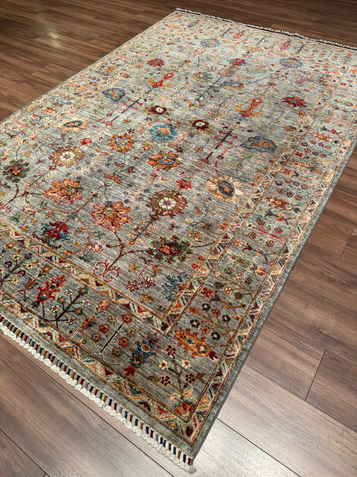 Sultani Floral Original Handwoven Grey Root Dye Wool Rug 184x275 cm (5.06 square meters - 6x8 ft) 