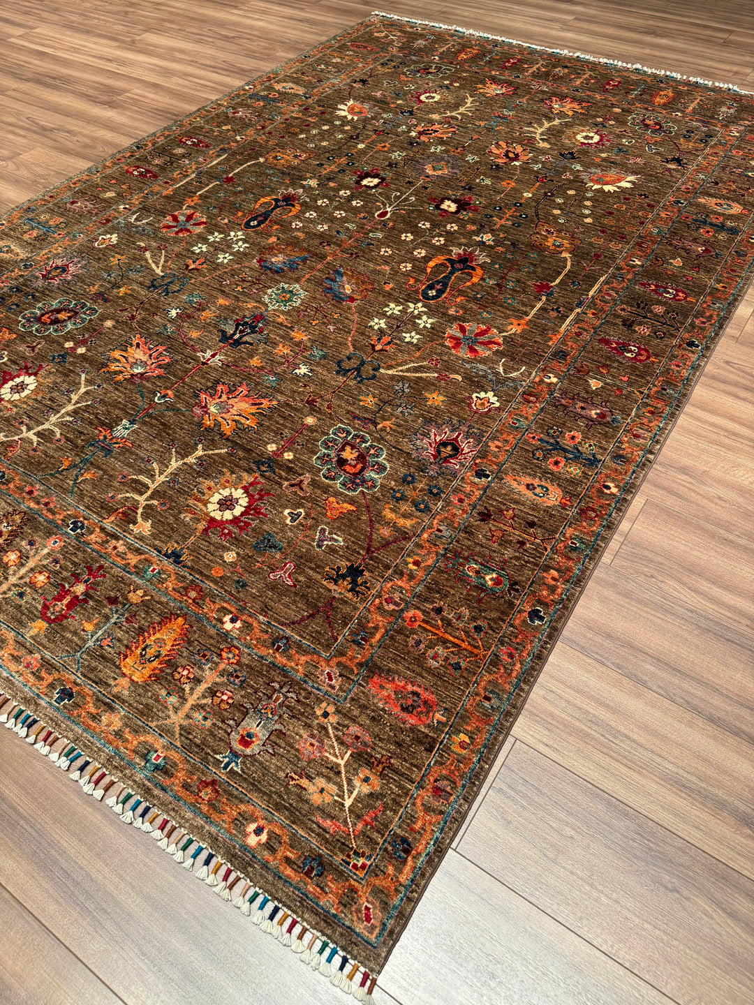 سجادة سلطاني زهرية أصلية مصنوعة يدويًا من الصوف المصبوغ بصبغة جذور الأرض، مقاس 196 × 299، 5.86 متر مربع - 7 × 10 قدم