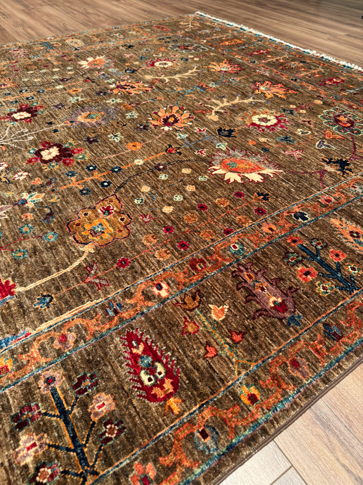 سجادة سلطاني زهرية أصلية مصنوعة يدويًا من الصوف المصبوغ بصبغة جذور الأرض، مقاس 196 × 299، 5.86 متر مربع - 7 × 10 قدم