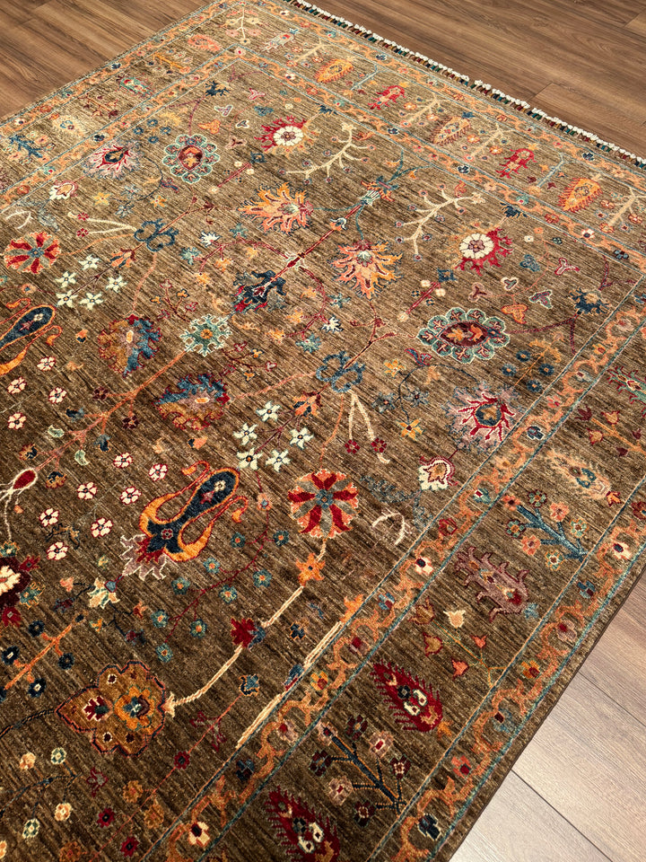 سجادة سلطاني زهرية أصلية مصنوعة يدويًا من الصوف المصبوغ بصبغة جذور الأرض، مقاس 196 × 299، 5.86 متر مربع - 7 × 10 قدم