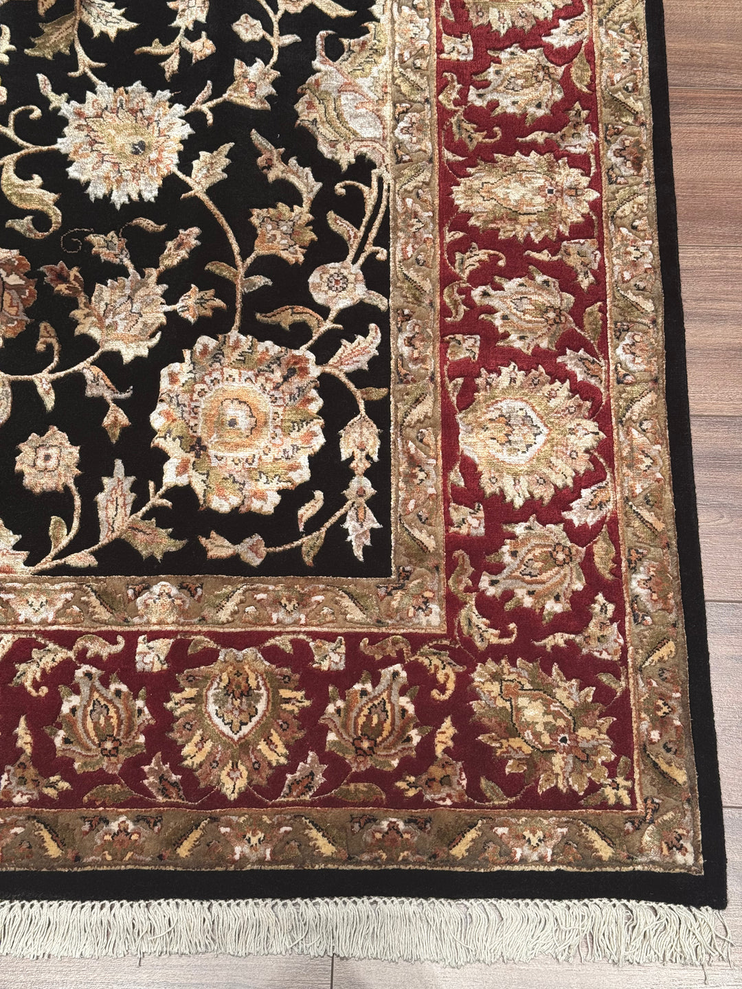 Hint Uşağı Orijinal El Dokuması Siyah Kırmızı Yün Bambu Halı 203x307 6.23 Metrekare - 8x10 ft