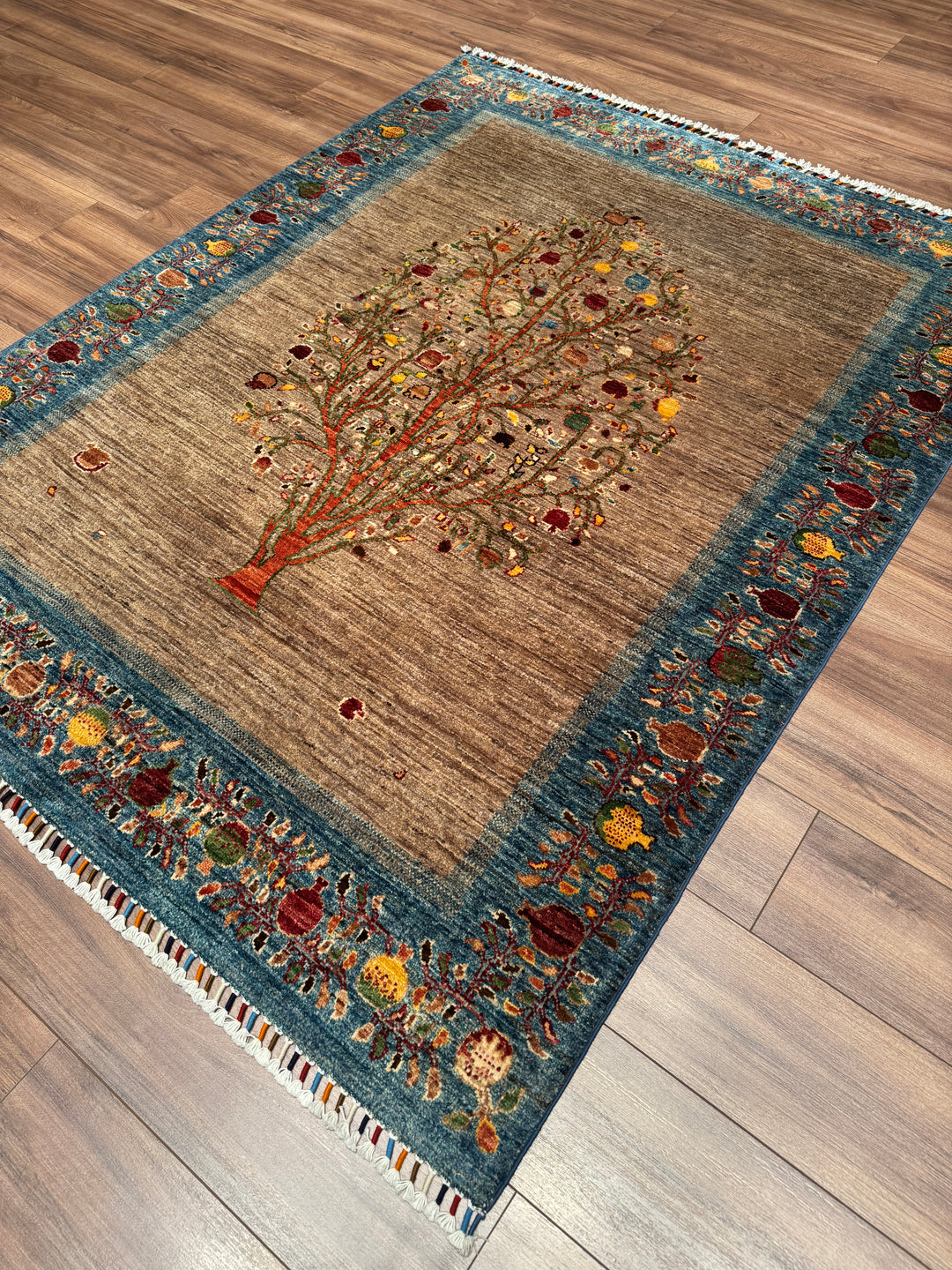 Hayat Ağacı Orijinal El Dokuması Mavi Kök Boya Yün Halı 154x196 3.02 Metrekare - 5x8 ft