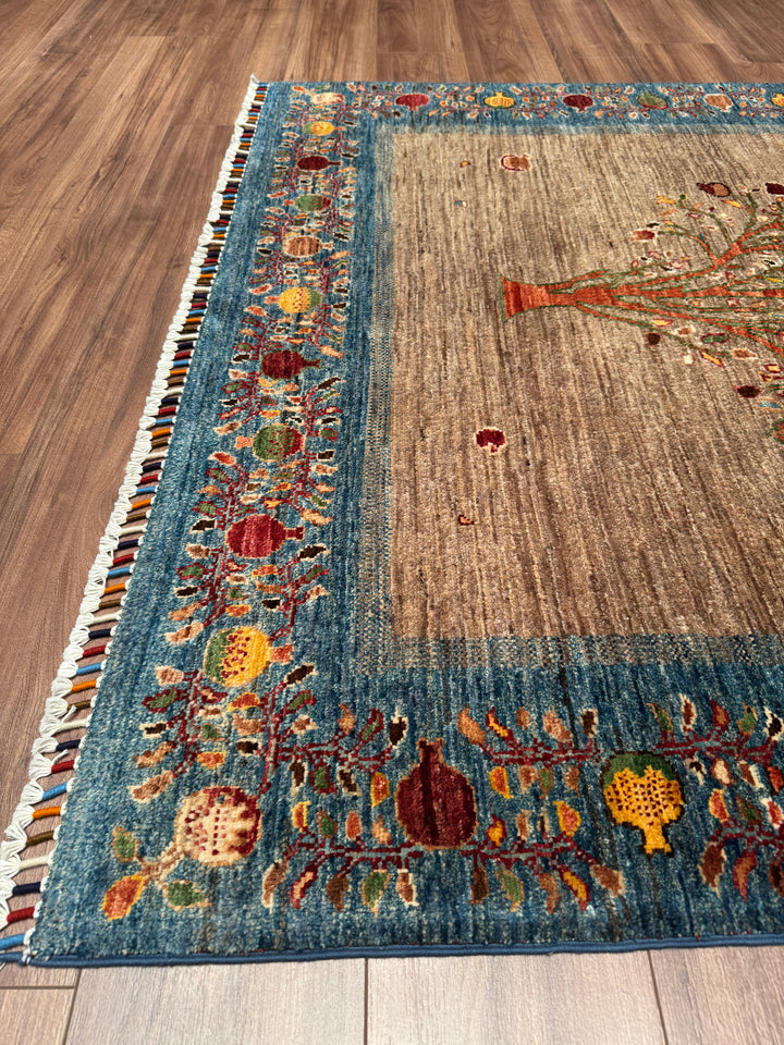 Hayat Ağacı Orijinal El Dokuması Mavi Kök Boya Yün Halı 154x196 3.02 Metrekare - 5x8 ft
