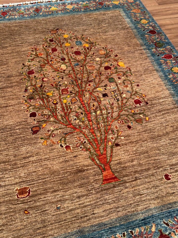 Hayat Ağacı Orijinal El Dokuması Mavi Kök Boya Yün Halı 154x196 3.02 Metrekare - 5x8 ft