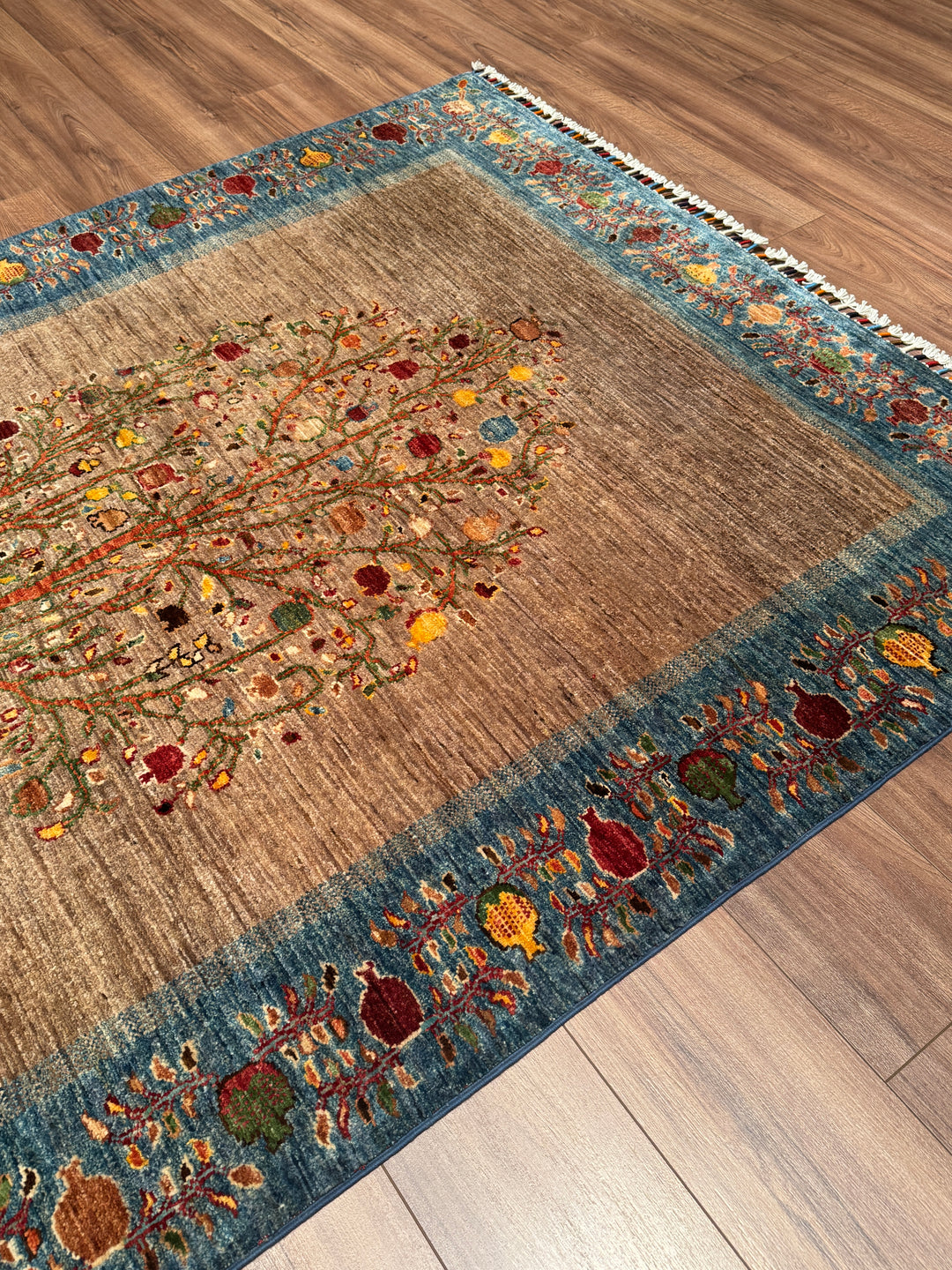 Hayat Ağacı Orijinal El Dokuması Mavi Kök Boya Yün Halı 154x196 3.02 Metrekare - 5x8 ft