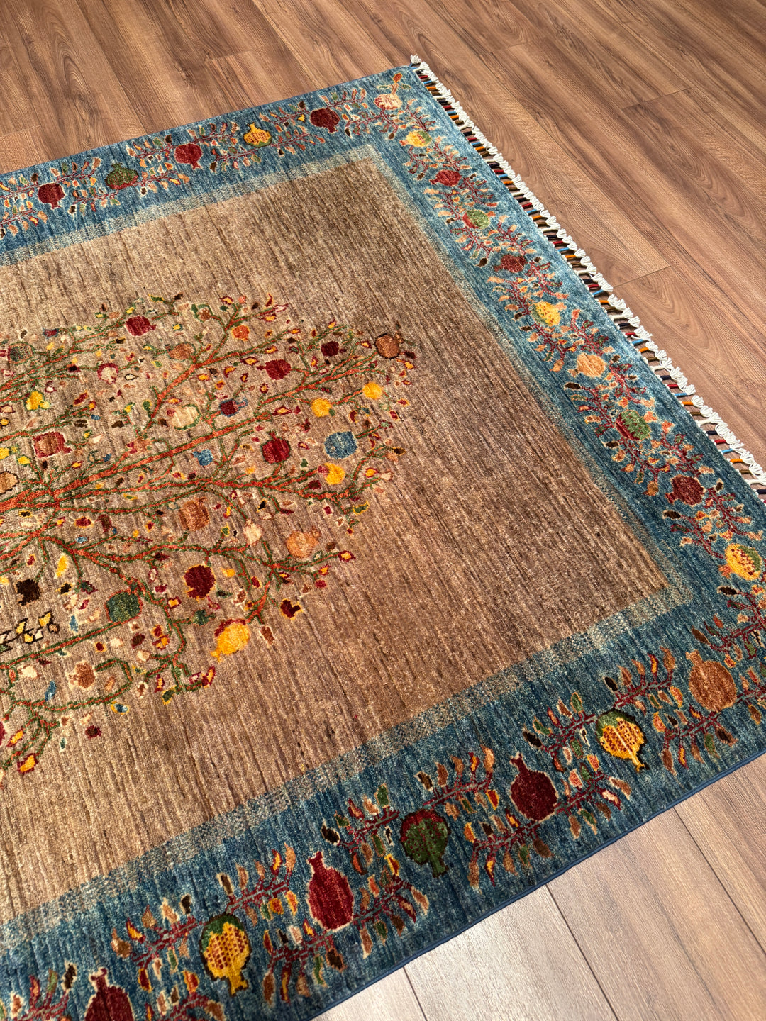 Hayat Ağacı Orijinal El Dokuması Mavi Kök Boya Yün Halı 154x196 3.02 Metrekare - 5x8 ft