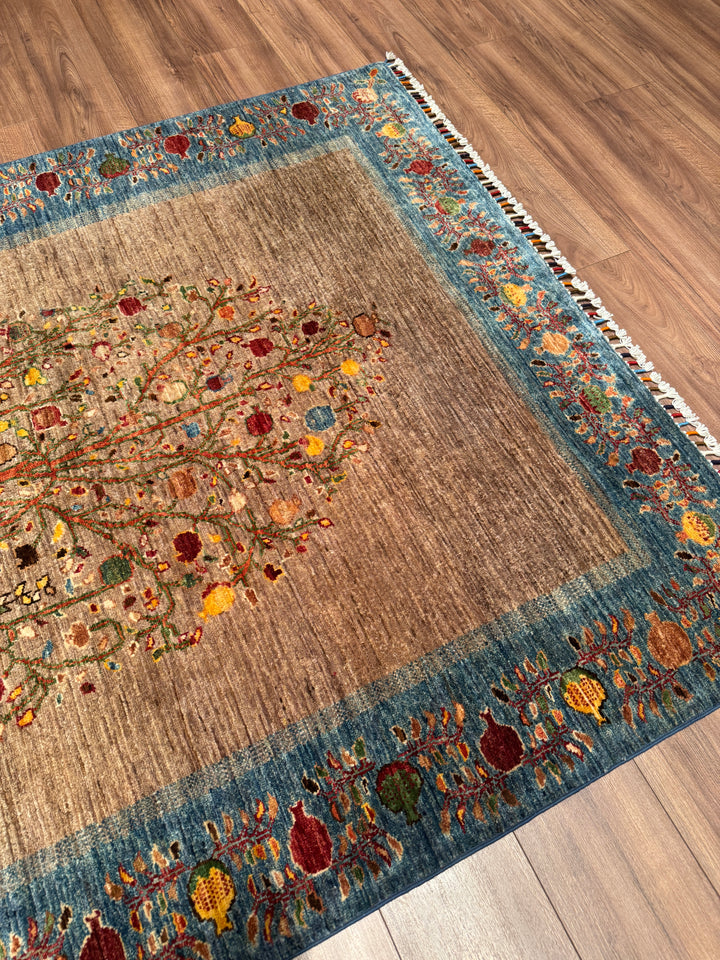 Hayat Ağacı Orijinal El Dokuması Mavi Kök Boya Yün Halı 154x196 3.02 Metrekare - 5x8 ft