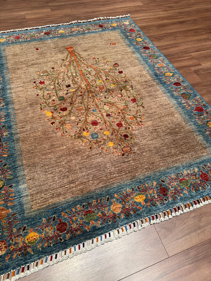 Hayat Ağacı Orijinal El Dokuması Mavi Kök Boya Yün Halı 154x196 3.02 Metrekare - 5x8 ft