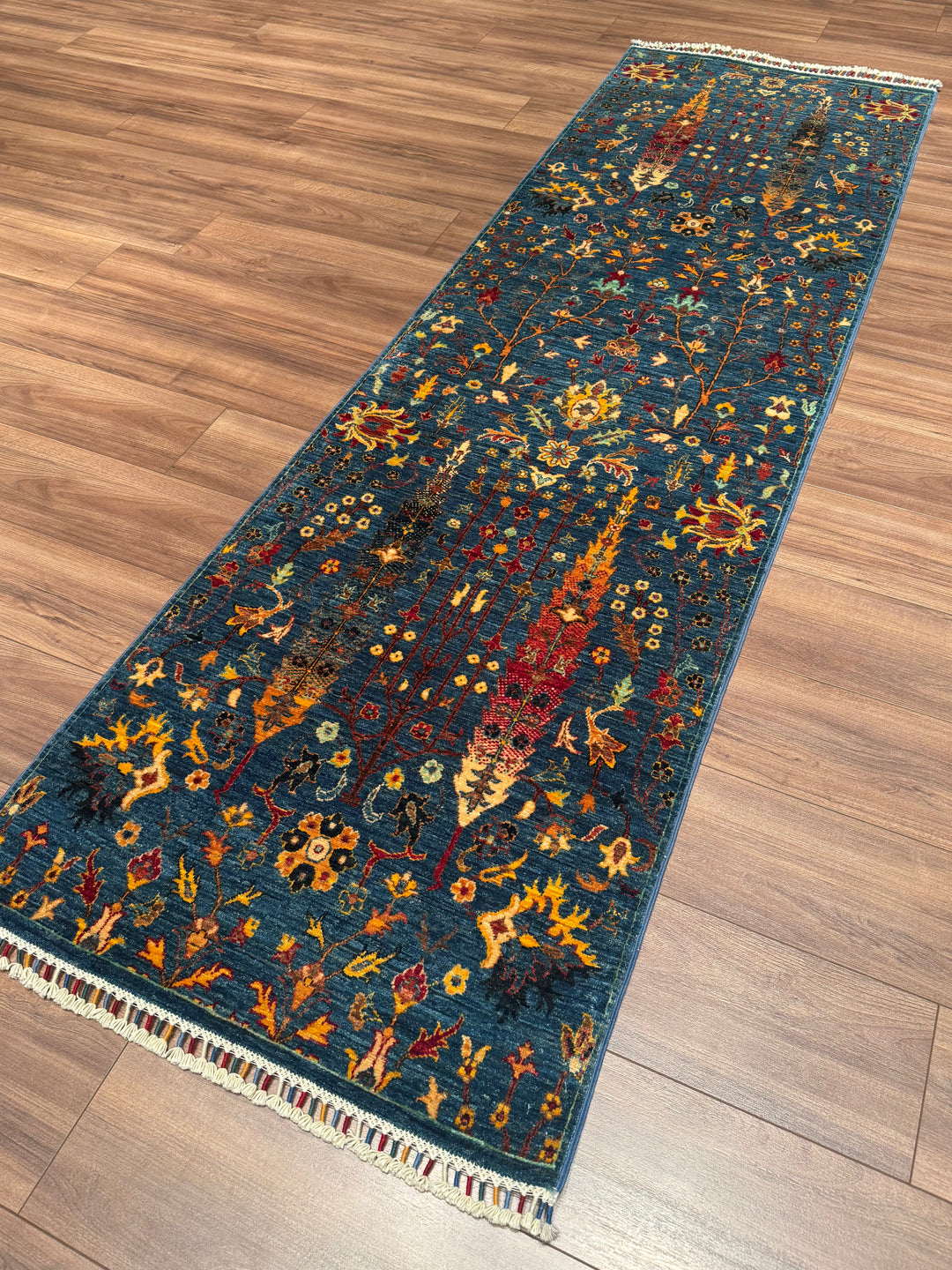 Tree of Life Original Handwoven Runner Rug, Blue Root Dye Wool, 0.80x265 cm (2.12 square meters) - 3x8 ft 