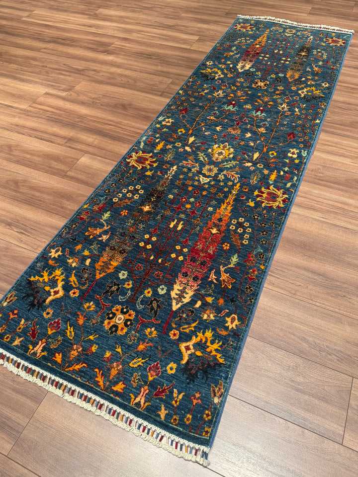 Tree of Life Original Handwoven Runner Rug, Blue Root Dye Wool, 0.80x265 cm (2.12 square meters) - 3x8 ft 