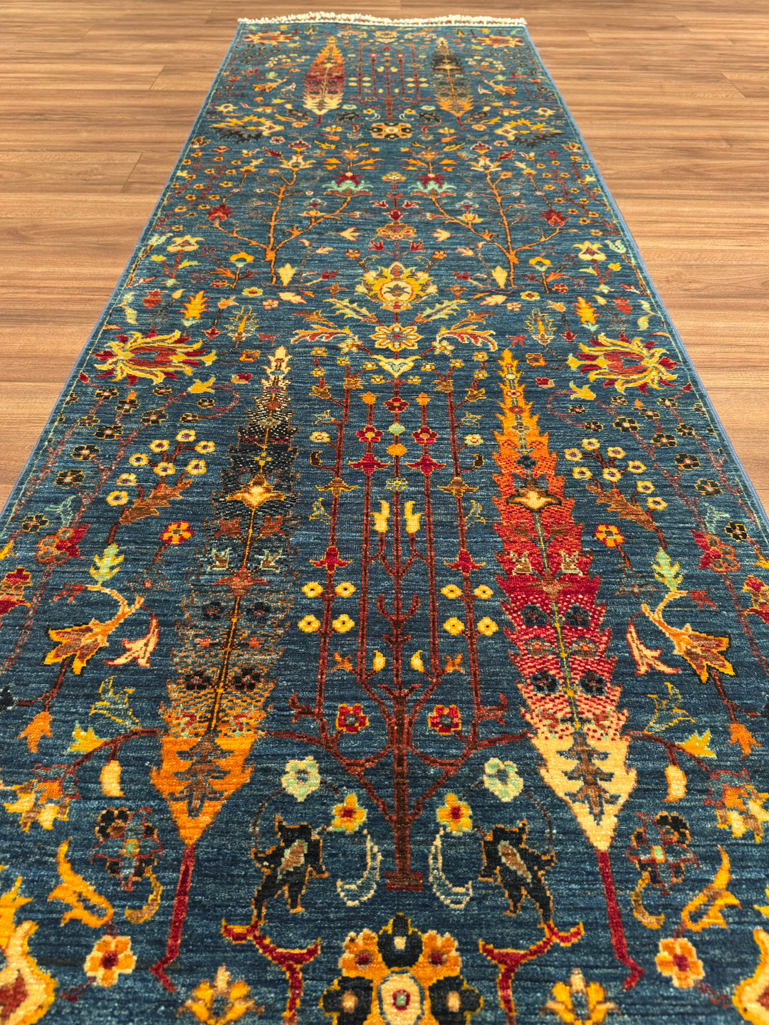 Tree of Life Original Handwoven Runner Rug, Blue Root Dye Wool, 0.80x265 cm (2.12 square meters) - 3x8 ft 