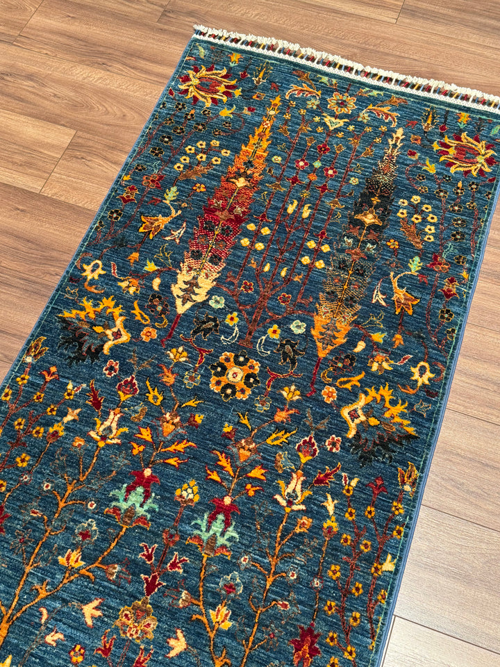 Tree of Life Original Handwoven Runner Rug, Blue Root Dye Wool, 0.80x265 cm (2.12 square meters) - 3x8 ft 