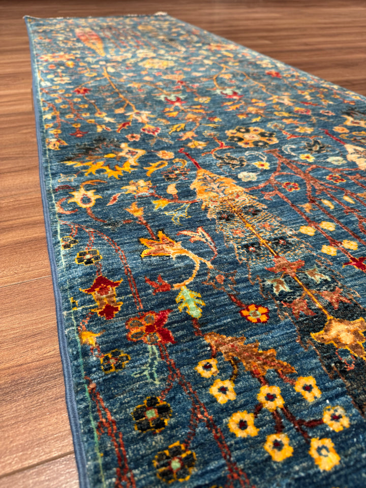 Tree of Life Original Handwoven Runner Rug, Blue Root Dye Wool, 0.80x265 cm (2.12 square meters) - 3x8 ft 