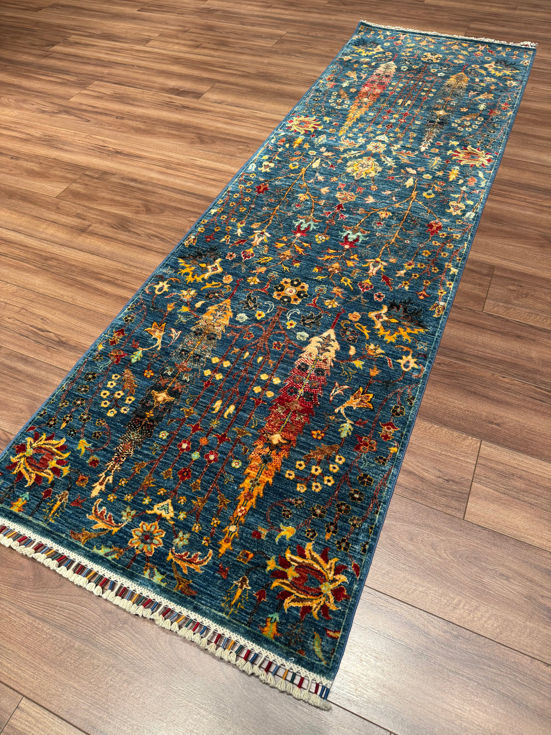Tree of Life Original Handwoven Runner Rug, Blue Root Dye Wool, 0.80x265 cm (2.12 square meters) - 3x8 ft 