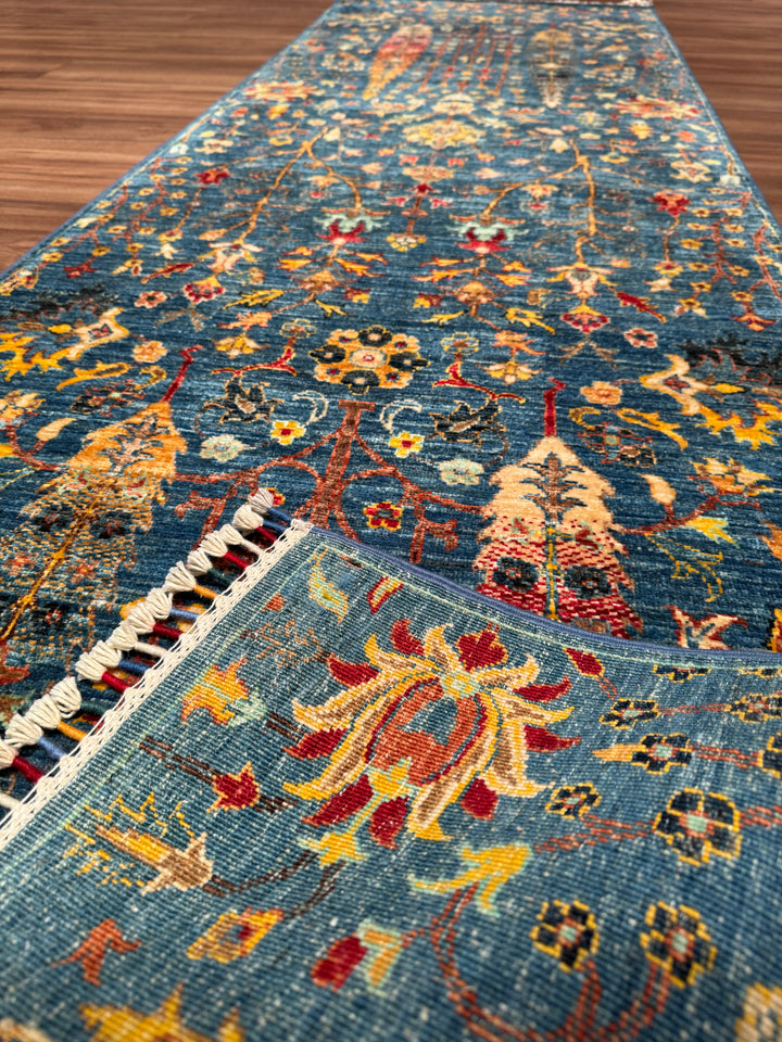 Tree of Life Original Handwoven Runner Rug, Blue Root Dye Wool, 0.80x265 cm (2.12 square meters) - 3x8 ft 