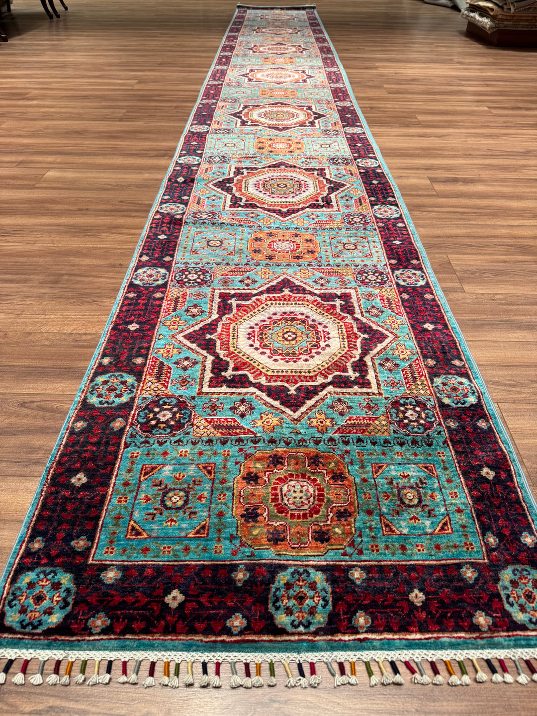 Mamluk Original Handwoven Runner Turquoise Root Dye Wool Rug 0.81x613 4.97 Square Meters - 3x20 ft 