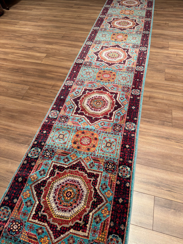 Mamluk Original Handwoven Runner Turquoise Root Dye Wool Rug 0.81x613 4.97 Square Meters - 3x20 ft 