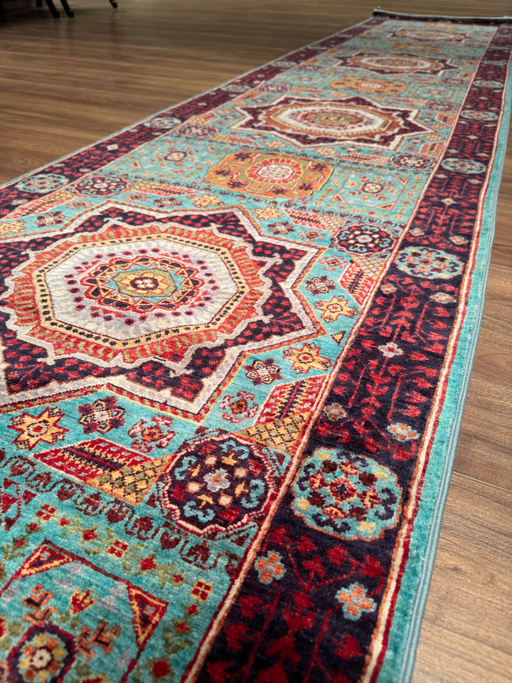 Mamluk Original Handwoven Runner Turquoise Root Dye Wool Rug 0.81x613 4.97 Square Meters - 3x20 ft 