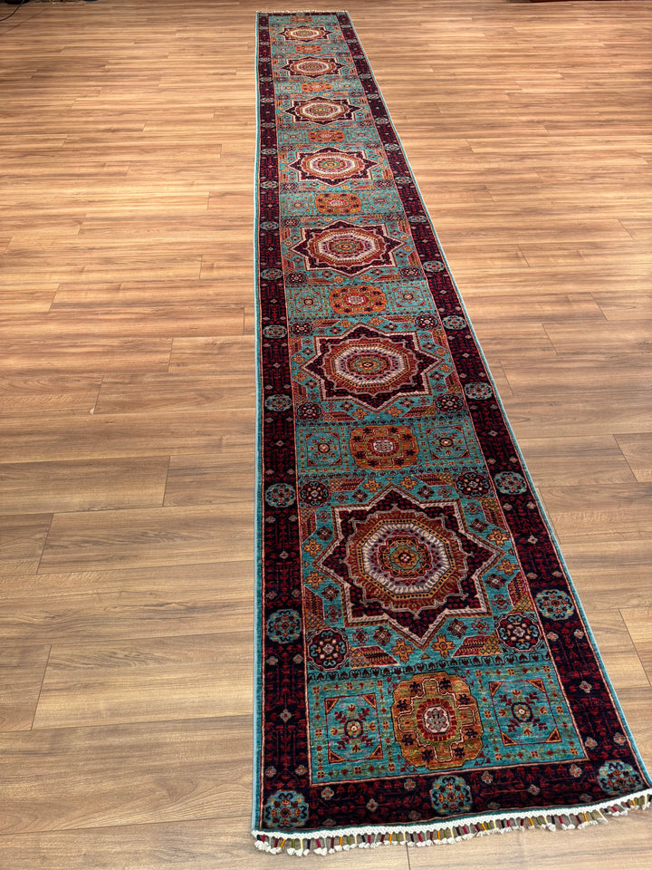 Mamluk Original Handwoven Runner Turquoise Root Dye Wool Rug 0.81x613 4.97 Square Meters - 3x20 ft 