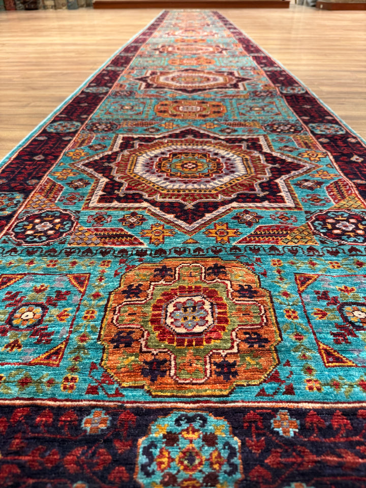 Mamluk Original Handwoven Runner Turquoise Root Dye Wool Rug 0.81x613 4.97 Square Meters - 3x20 ft 