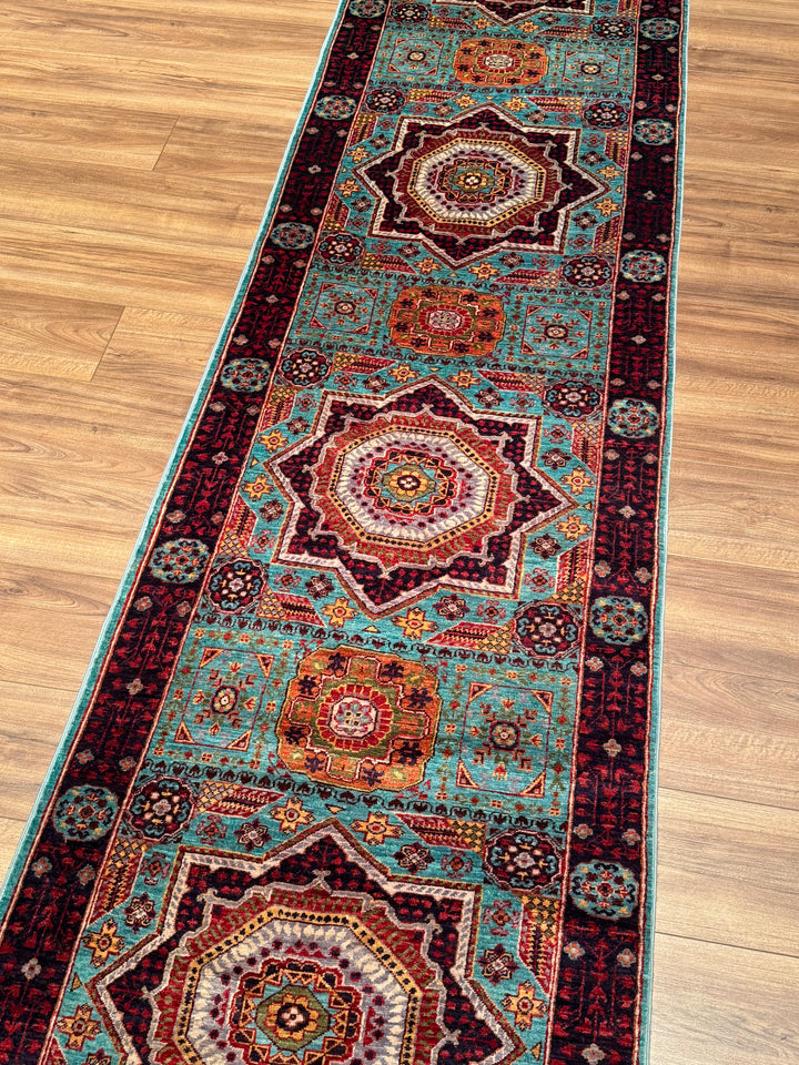 Mamluk Original Handwoven Runner Turquoise Root Dye Wool Rug 0.81x613 4.97 Square Meters - 3x20 ft 