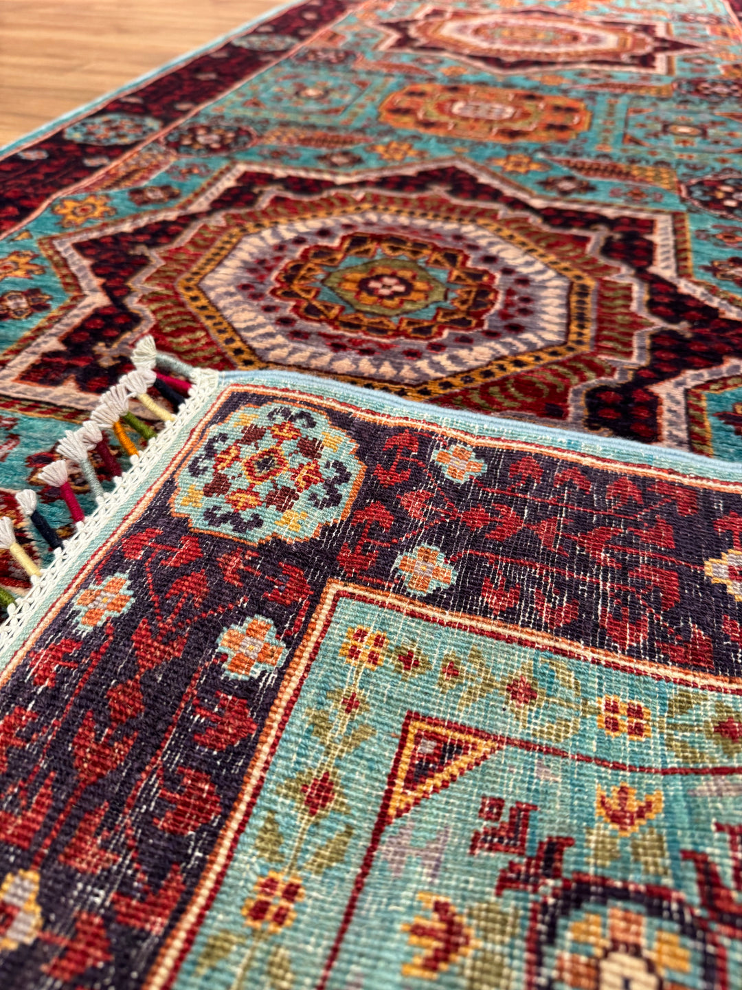 Mamluk Original Handwoven Runner Turquoise Root Dye Wool Rug 0.81x613 4.97 Square Meters - 3x20 ft 