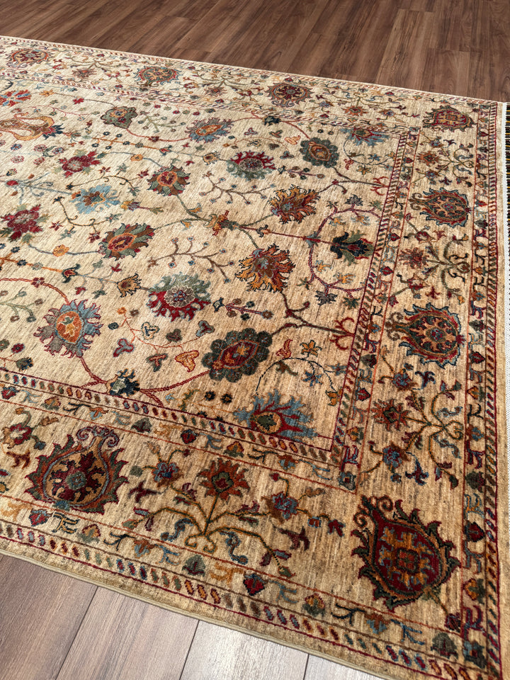 Sultani Çiçekli Orijinal El Dokuması Bej Kök Boya Yün Halı 207x289 5.98 Metrekare - 7x10 ft