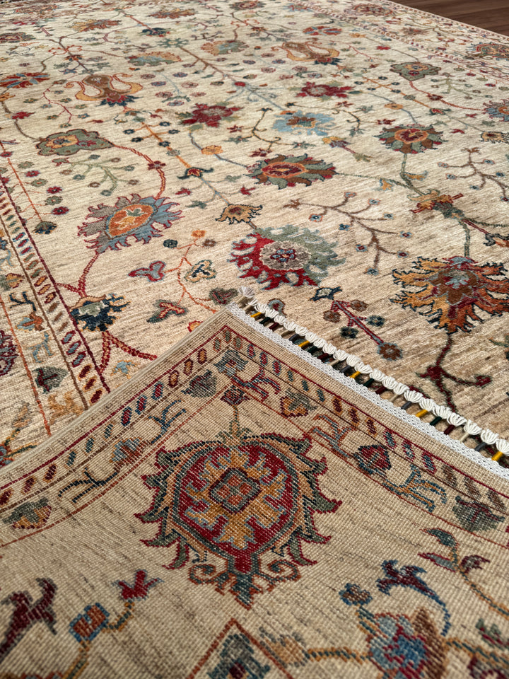 Sultani Çiçekli Orijinal El Dokuması Bej Kök Boya Yün Halı 207x289 5.98 Metrekare - 7x10 ft