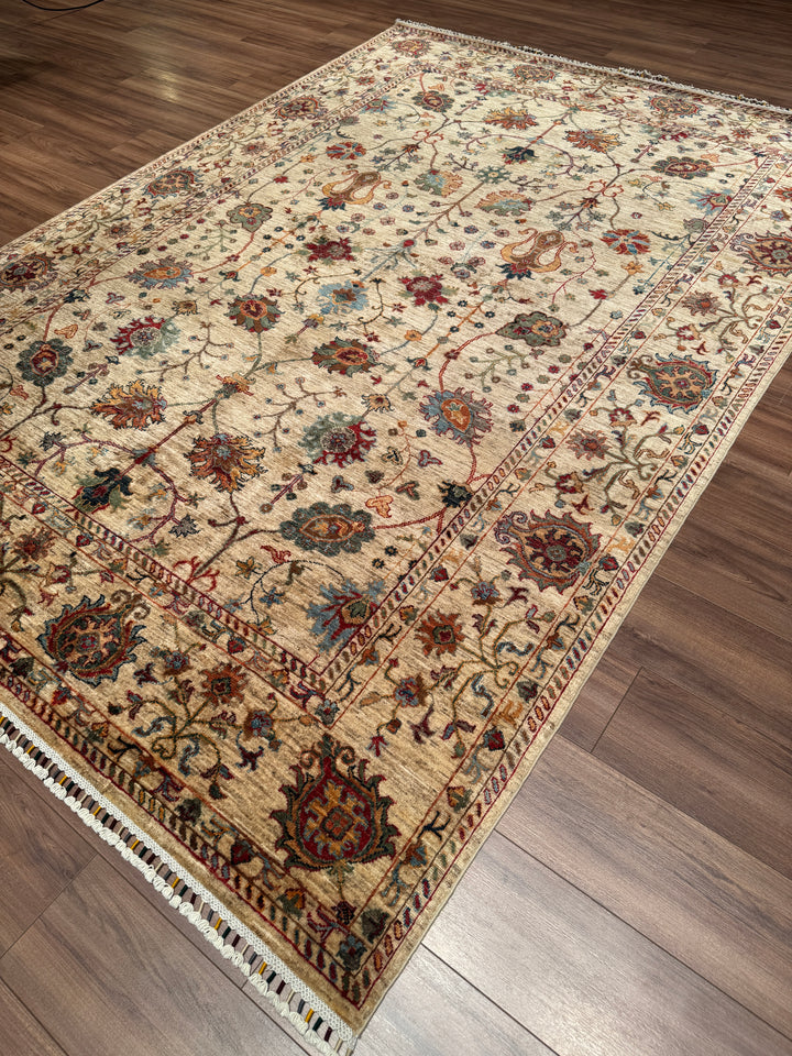 Sultani Çiçekli Orijinal El Dokuması Bej Kök Boya Yün Halı 207x289 5.98 Metrekare - 7x10 ft