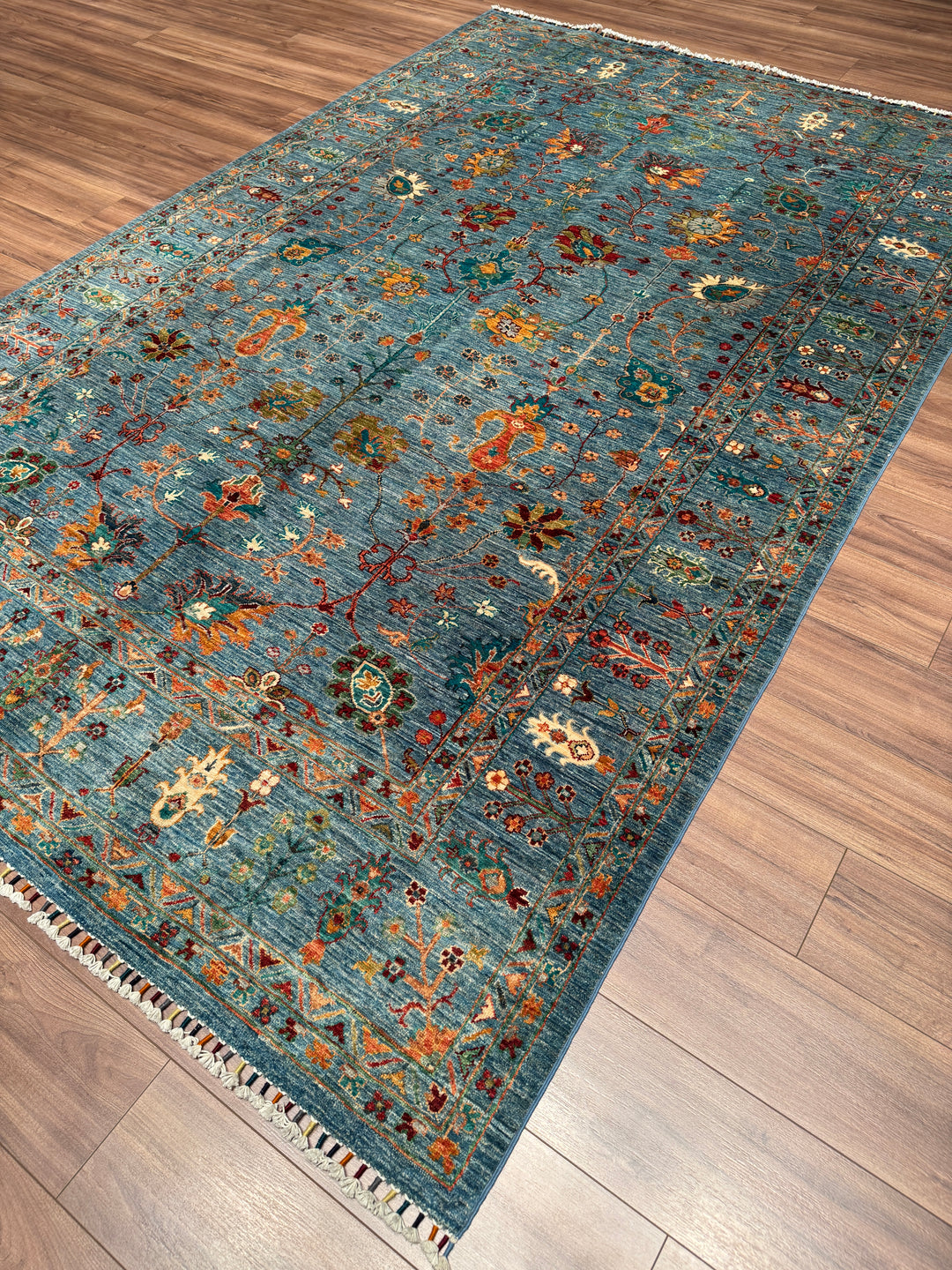 Sultani Çiçekli Orijinal El Dokuması Mavi Kök Boya Yün Halı 205x311 6.38 Metrekare - 7x10 ft