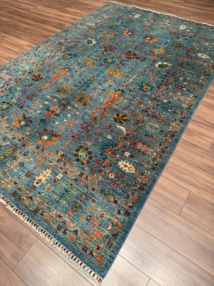 Sultani Çiçekli Orijinal El Dokuması Mavi Kök Boya Yün Halı 205x311 6.38 Metrekare - 7x10 ft