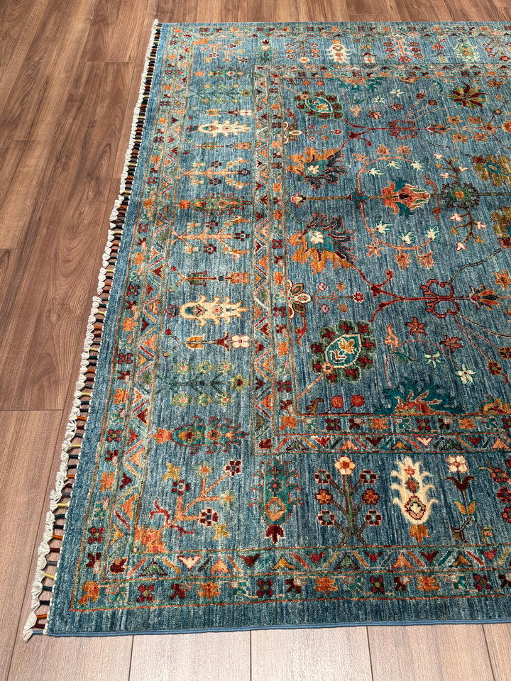 Sultani Çiçekli Orijinal El Dokuması Mavi Kök Boya Yün Halı 205x311 6.38 Metrekare - 7x10 ft