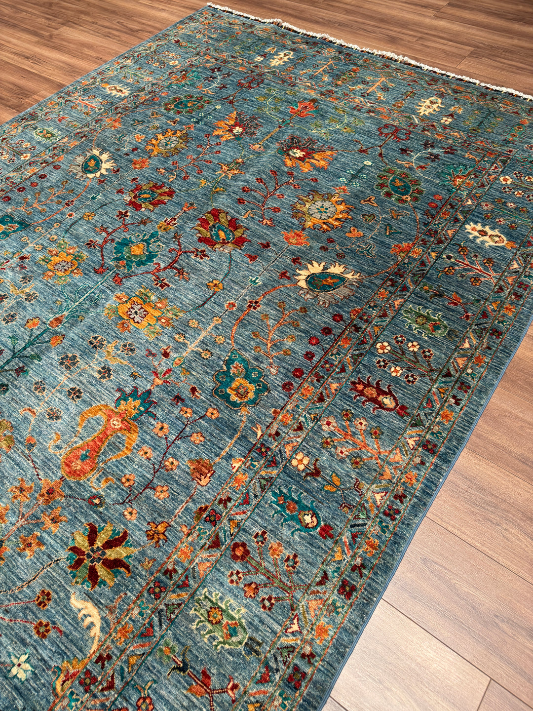 Sultani Çiçekli Orijinal El Dokuması Mavi Kök Boya Yün Halı 205x311 6.38 Metrekare - 7x10 ft
