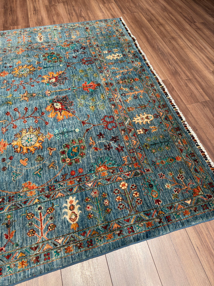 Sultani Çiçekli Orijinal El Dokuması Mavi Kök Boya Yün Halı 205x311 6.38 Metrekare - 7x10 ft