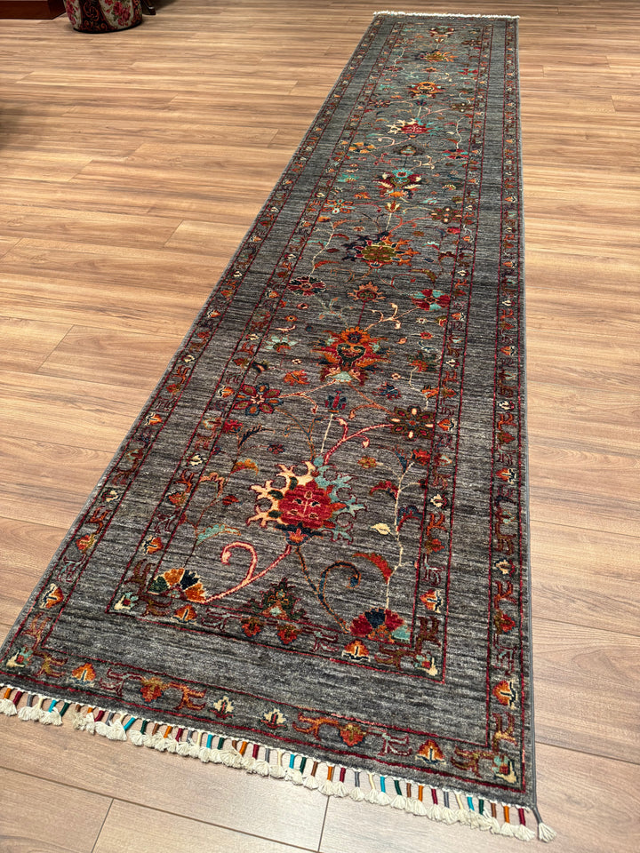 Sultani One Thousand and One Nights Runner Rug, Original Handwoven Grey Natural Dye Wool Carpet, 0.82x398 cm (3.26 square meters) - 3x13 ft 