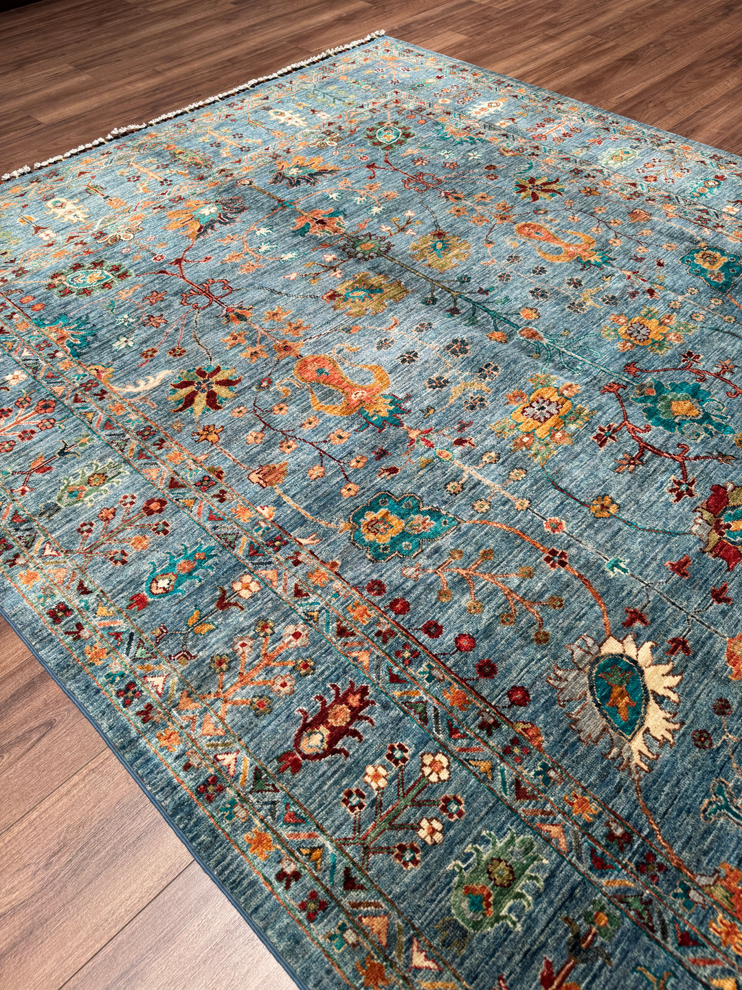 Sultani Çiçekli Orijinal El Dokuması Mavi Kök Boya Yün Halı 205x311 6.38 Metrekare - 7x10 ft