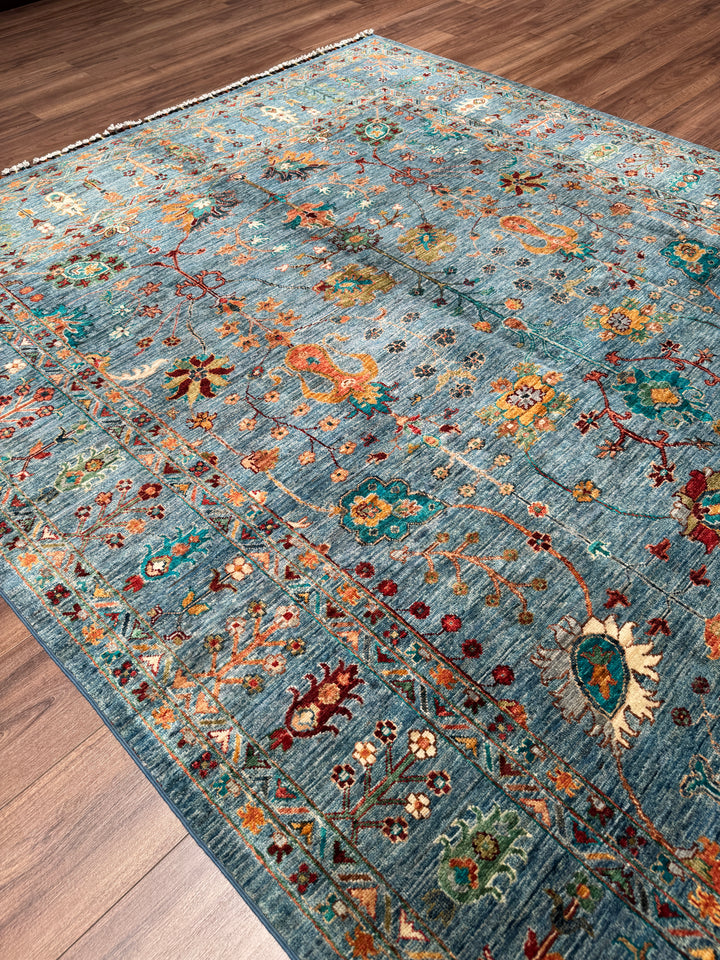 Sultani Çiçekli Orijinal El Dokuması Mavi Kök Boya Yün Halı 205x311 6.38 Metrekare - 7x10 ft
