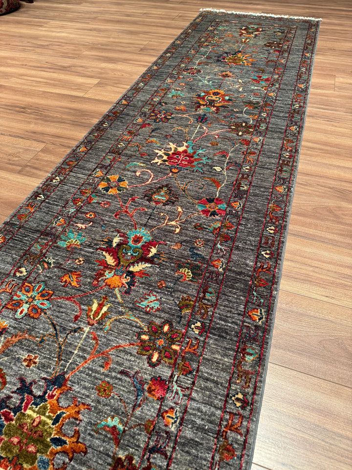 Sultani One Thousand and One Nights Runner Rug, Original Handwoven Grey Natural Dye Wool Carpet, 0.82x398 cm (3.26 square meters) - 3x13 ft 