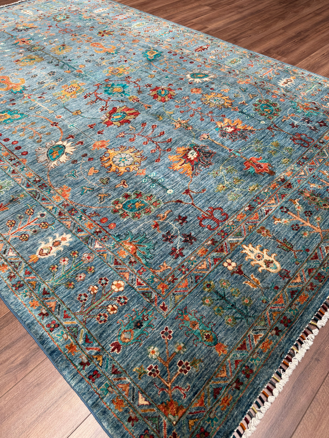 Sultani Çiçekli Orijinal El Dokuması Mavi Kök Boya Yün Halı 205x311 6.38 Metrekare - 7x10 ft