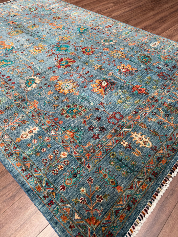Sultani Çiçekli Orijinal El Dokuması Mavi Kök Boya Yün Halı 205x311 6.38 Metrekare - 7x10 ft