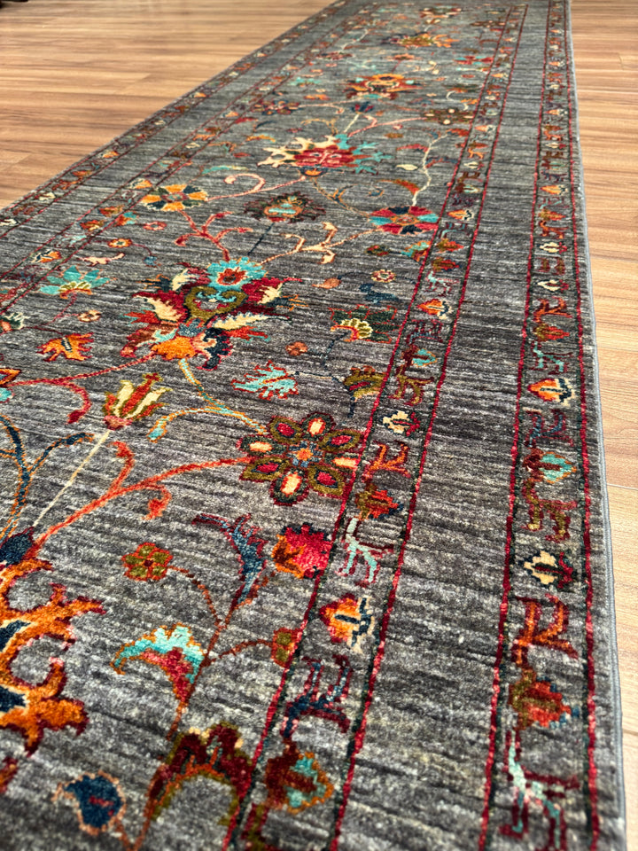 Sultani One Thousand and One Nights Runner Rug, Original Handwoven Grey Natural Dye Wool Carpet, 0.82x398 cm (3.26 square meters) - 3x13 ft 