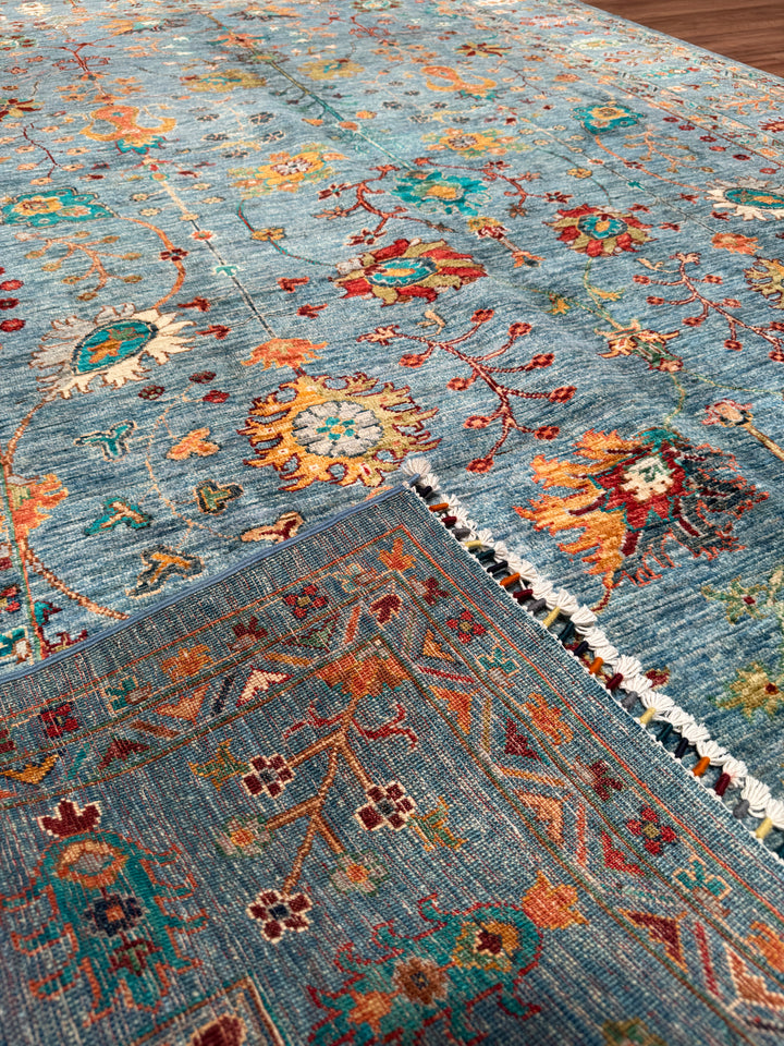 Sultani Çiçekli Orijinal El Dokuması Mavi Kök Boya Yün Halı 205x311 6.38 Metrekare - 7x10 ft