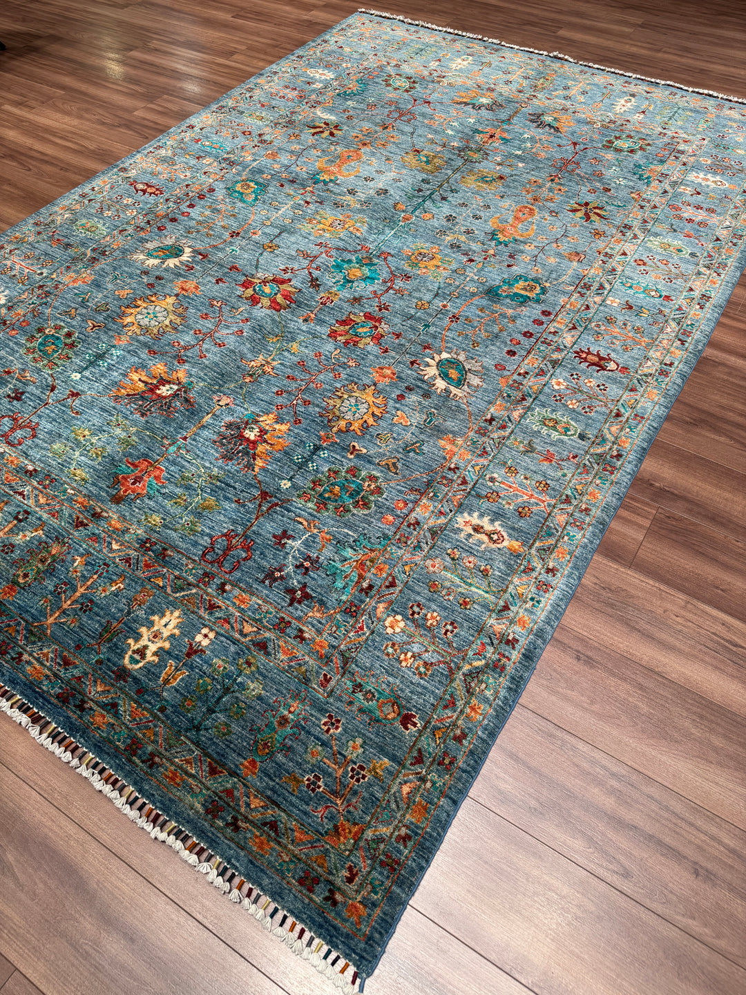 Sultani Çiçekli Orijinal El Dokuması Mavi Kök Boya Yün Halı 205x311 6.38 Metrekare - 7x10 ft