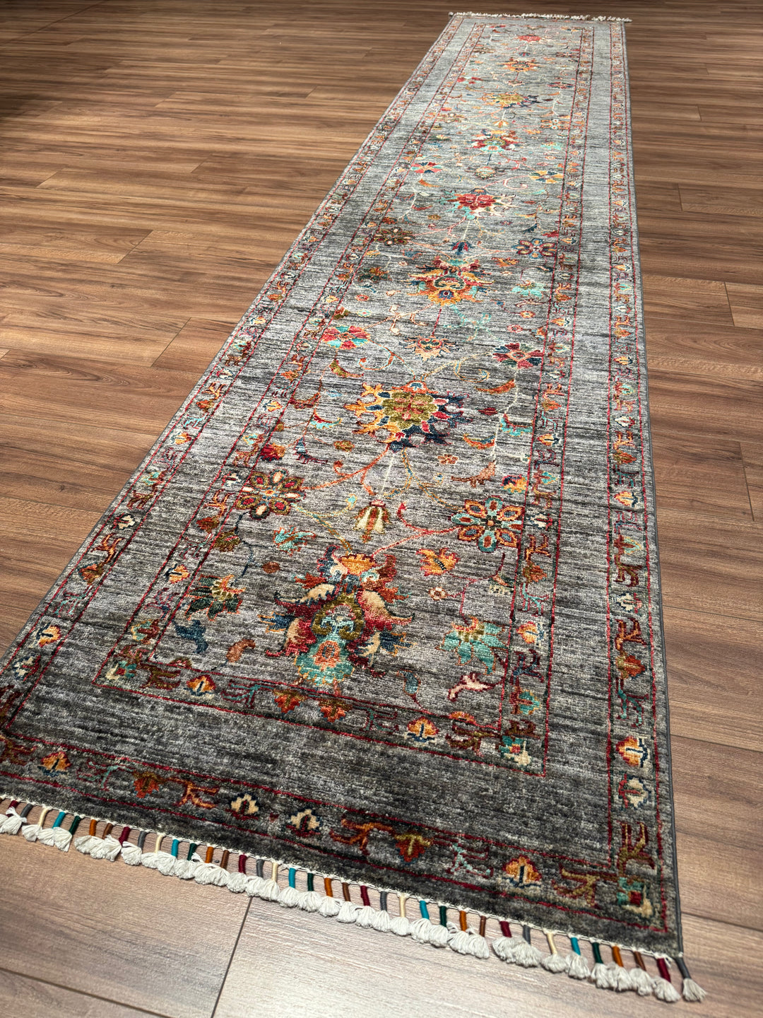 Sultani One Thousand and One Nights Runner Rug, Original Handwoven Grey Natural Dye Wool Carpet, 0.82x398 cm (3.26 square meters) - 3x13 ft 