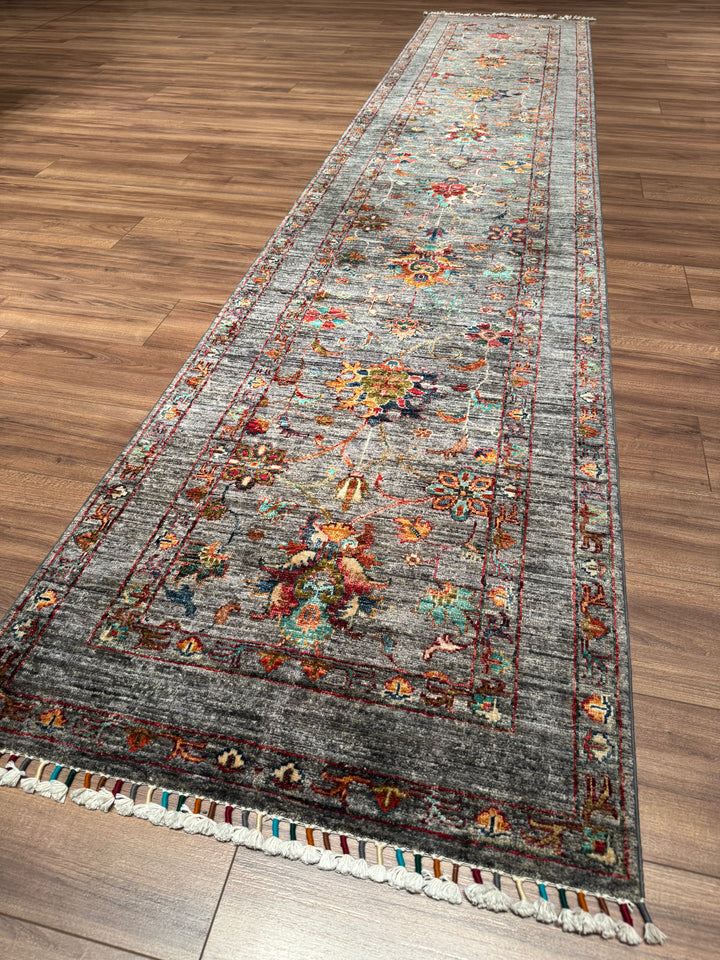 Sultani One Thousand and One Nights Runner Rug, Original Handwoven Grey Natural Dye Wool Carpet, 0.82x398 cm (3.26 square meters) - 3x13 ft 